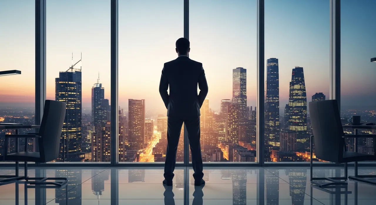 Business entrepreneur standing in a modern office overlooking a city skyline at golden hour, symbolizing digital ownership and future growth